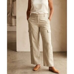 H&M Linen Blend Cargo Pants Womens Size 14 Wide Leg Loose Baggy Relaxed Khaki